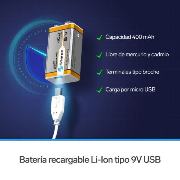 Batería de 9V Recargable USB de 400mAh, Steren - Imagen 2
