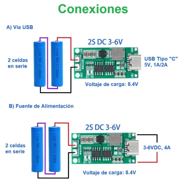 Módulo BMS 2S 4A y Cargador de Batería con USB Tipo C - Imagen 2