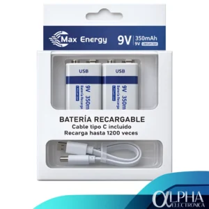 Par de Baterías 9V Recargables de 350mAh con puerto USB tipo C